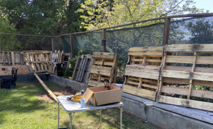 Some of the salvaged wood pallets that the group plans on repurposing for their project.