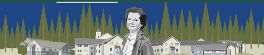 An image of Rachel Carson standing within the Rachel Carson College's surroundings. It is done in a cartoon design. 